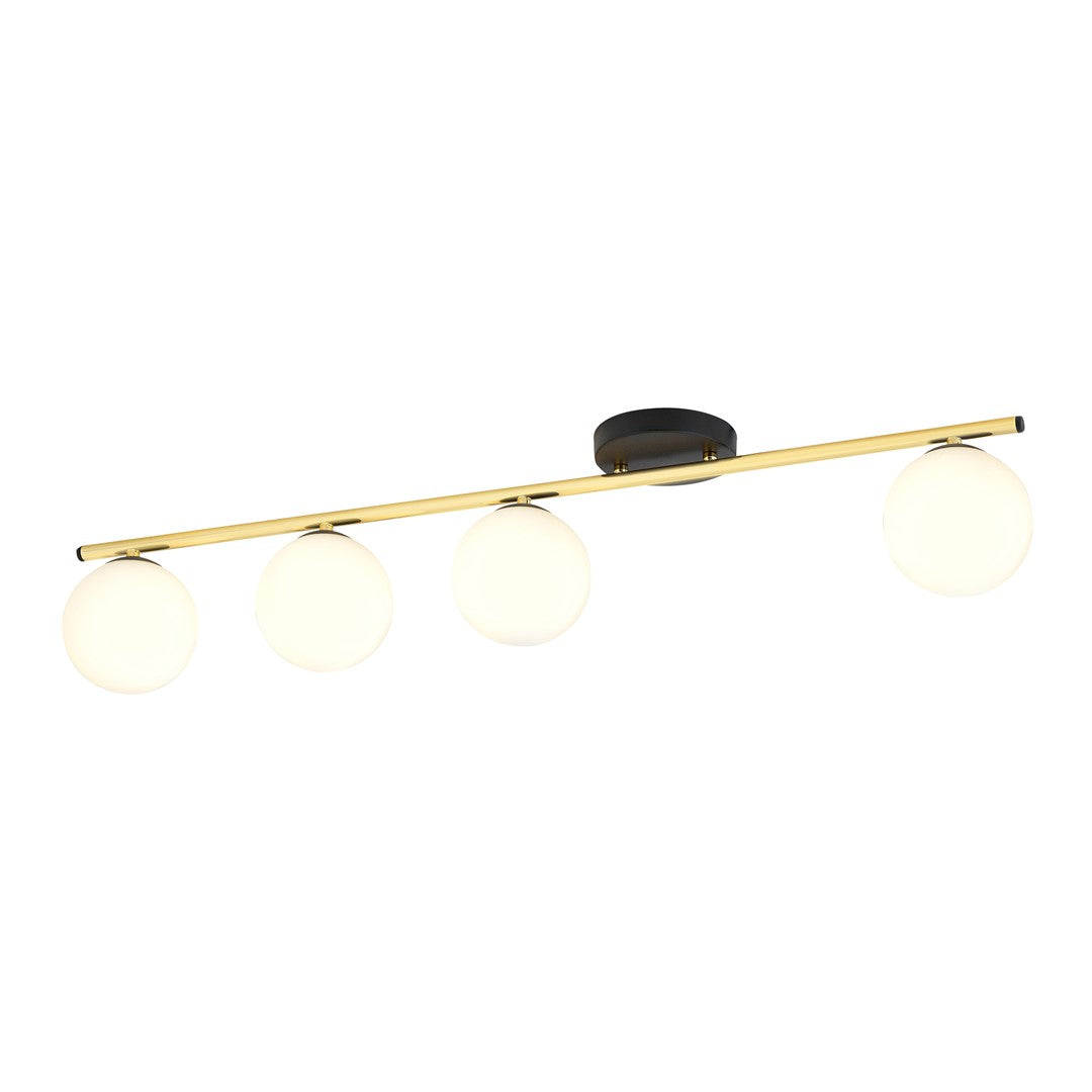 Même plafonnier allumé, globes opalins diffusant une lumière chaude sur fond blanc.