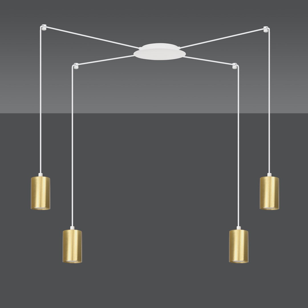 Même suspension sur fond gris anthracite, câbles blancs et cylindres dorés.