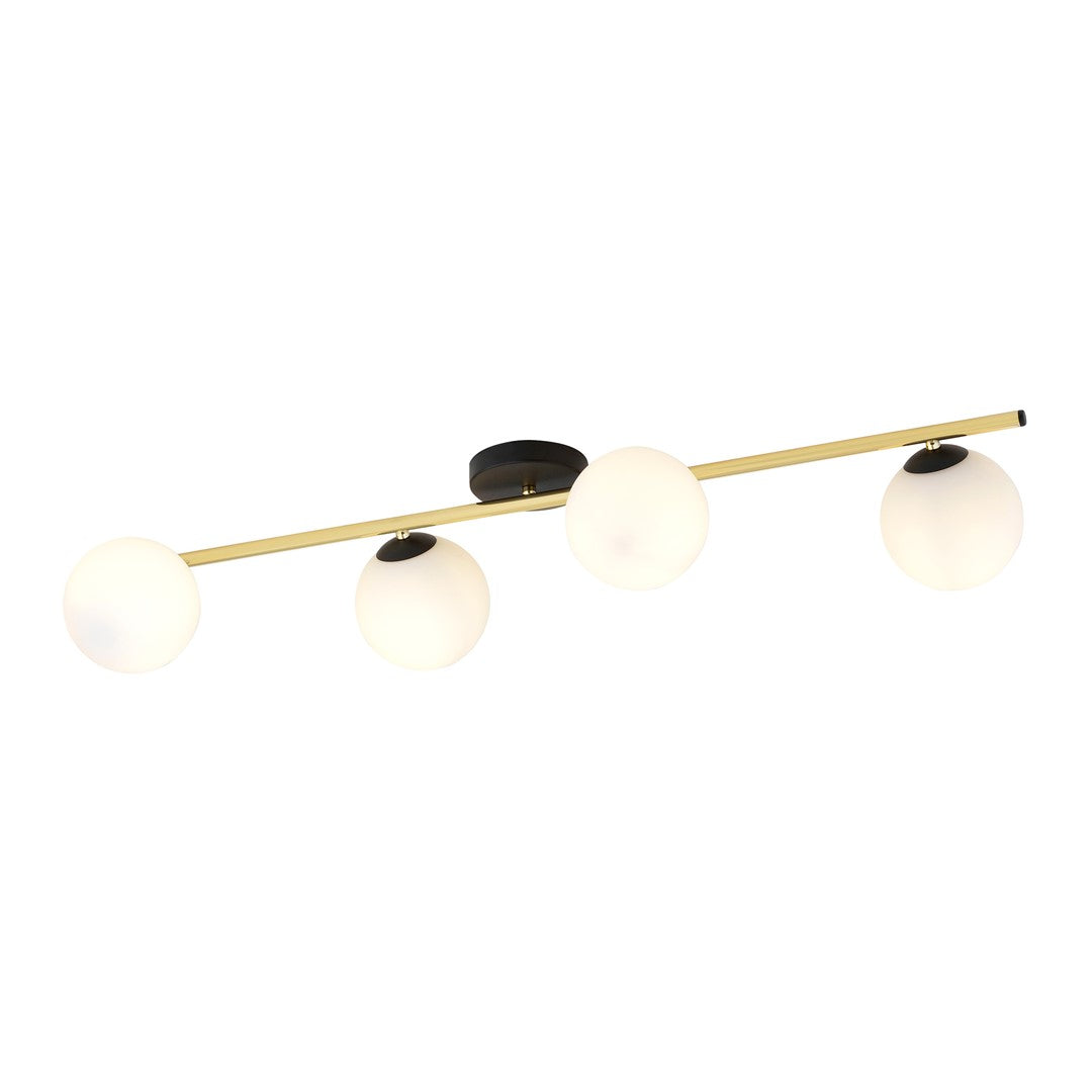 Vue de face, globes opalins allumés diffusant une lumière chaude