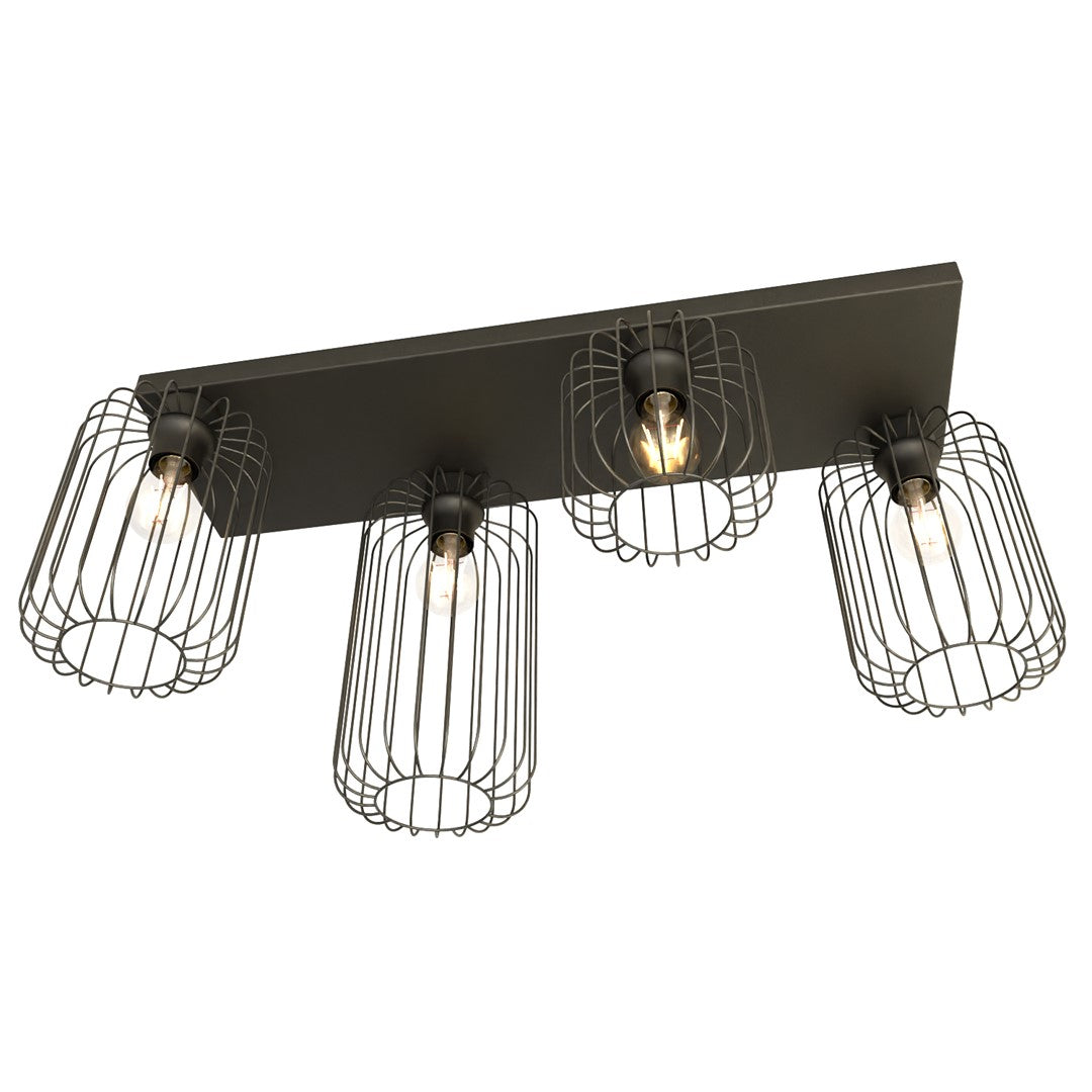 Vue de trois quarts du luminaire allumé, mettant en valeur les ampoules et la structure ajourée.