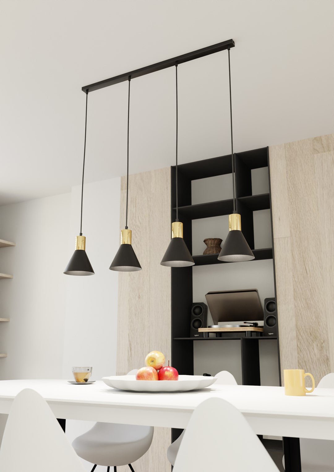 Luminaire suspendu au-dessus d'une table blanche dans une salle à manger moderne