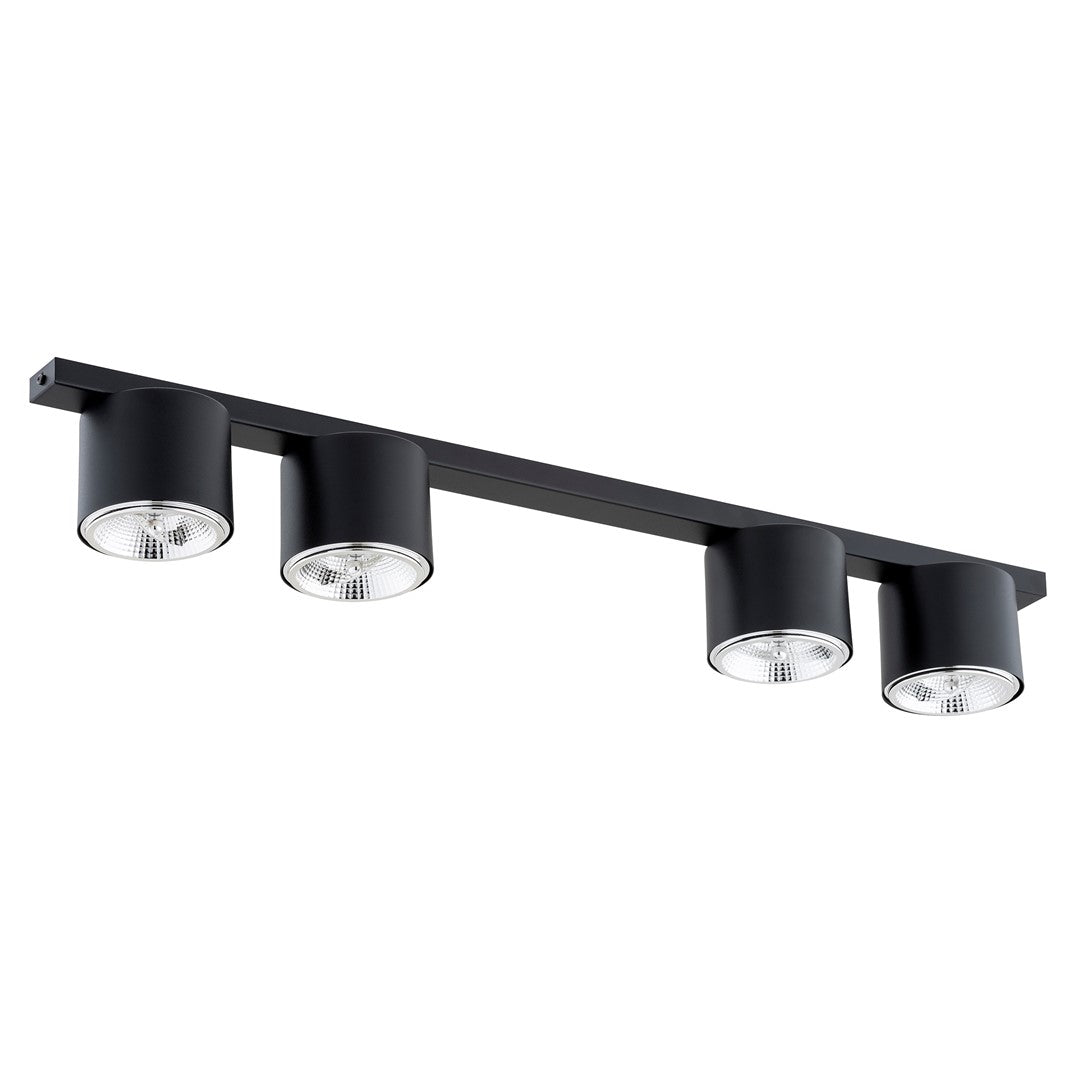 Vue rapprochée du rail noir et de ses quatre cylindres orientables, fond neutre