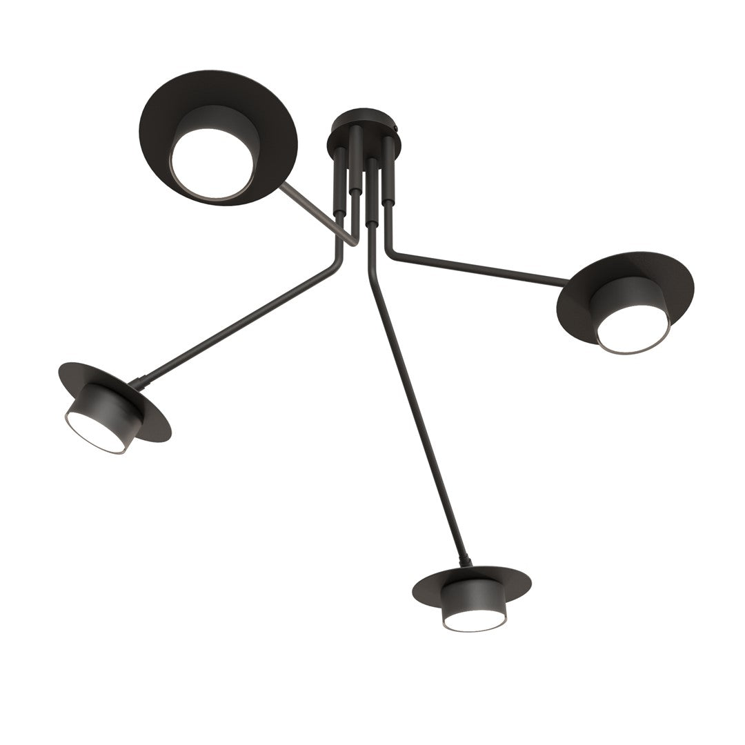 Vue en plongée du luminaire dévoilant les quatre têtes en coupelle noire