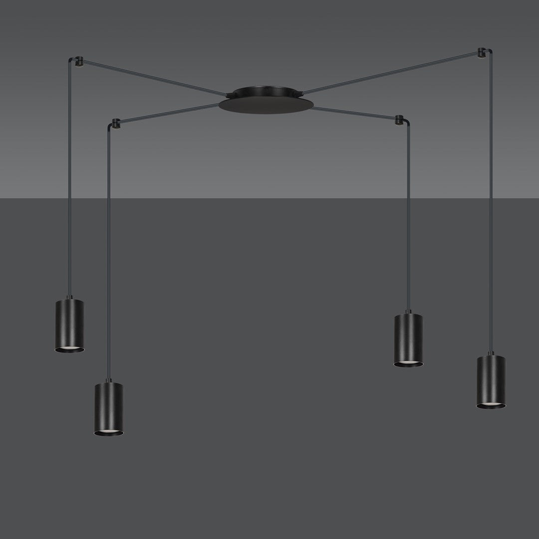 Vue d'ensemble sur fond gris, structure et quatre points lumineux suspendus.