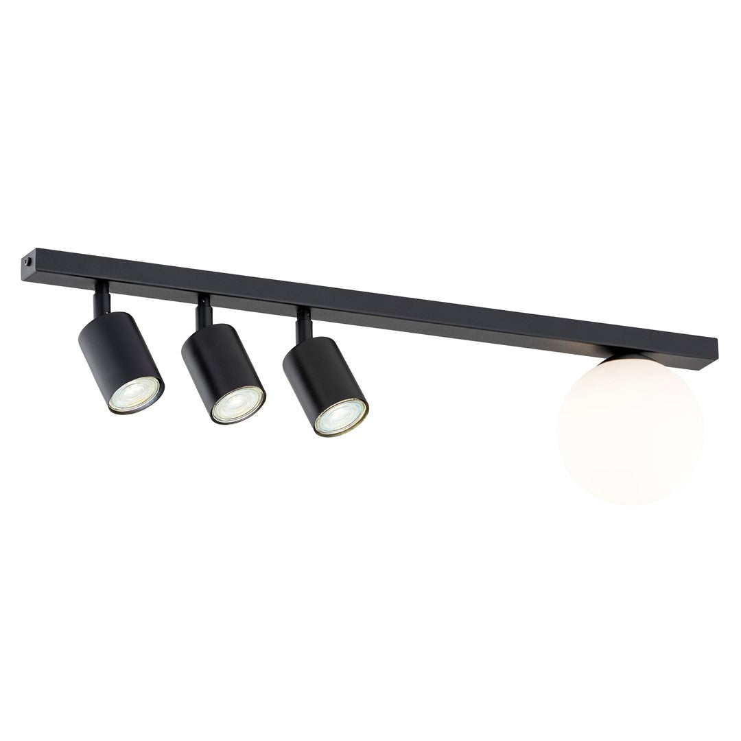 Second angle du luminaire noir, spots orientables et diffuseur globulaire blanc.