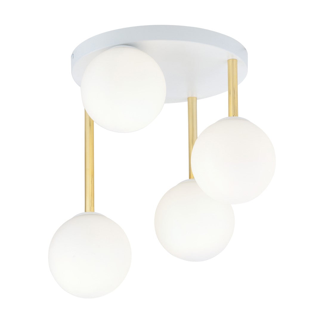 Vue de face du luminaire, boules blanches et tiges laiton sur fond neutre