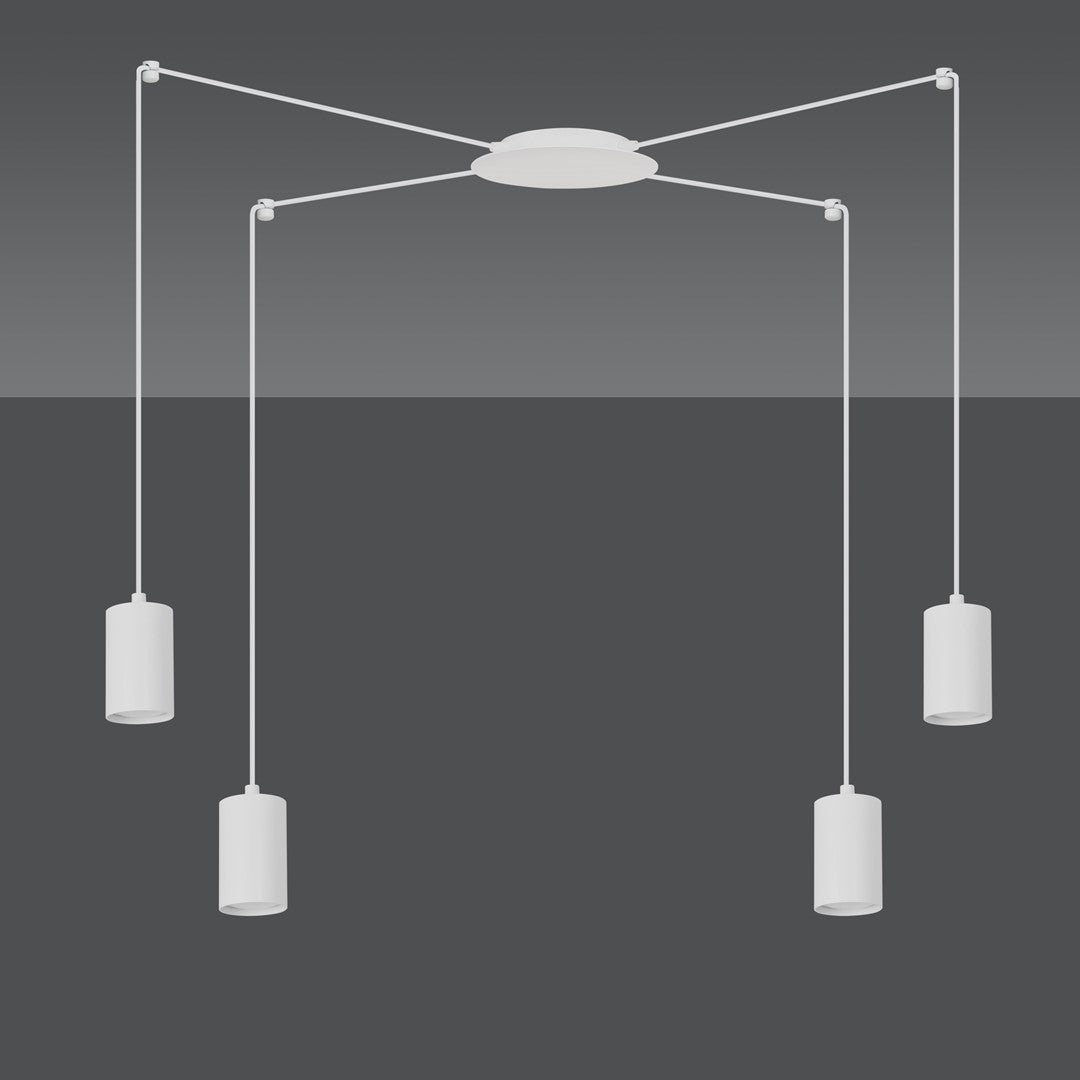Même luminaire blanc photographié sur fond gris dégradé, câbles tendus bien visibles