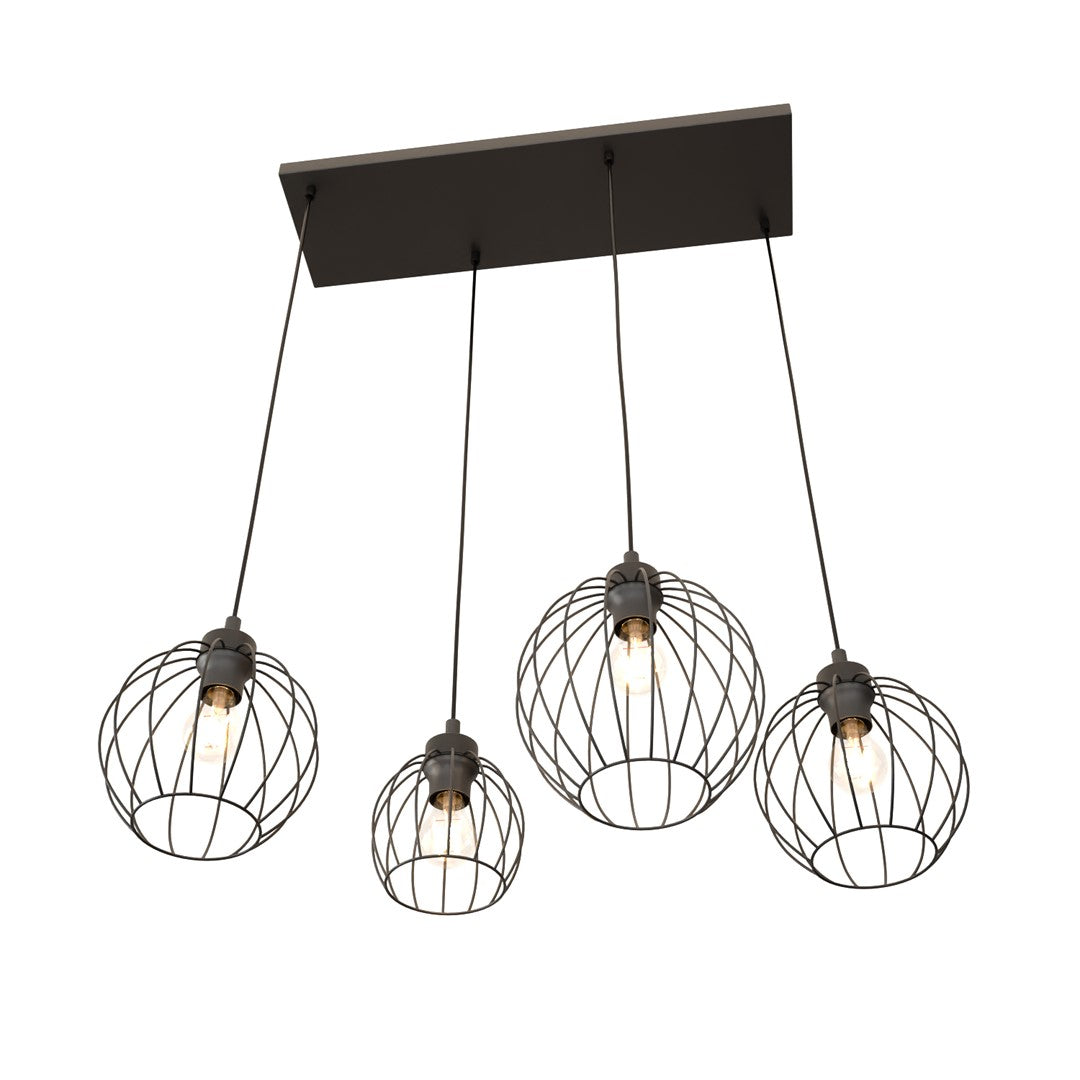 Second angle du luminaire suspendu montrant les quatre grilles métalliques noires et lumineuses