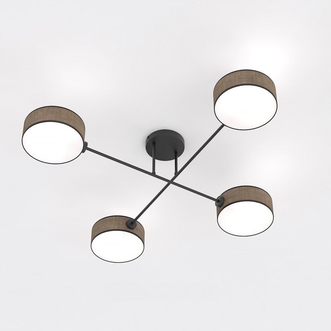Vue plongeante du luminaire en croix, structure métal noir et quatre cylindres
