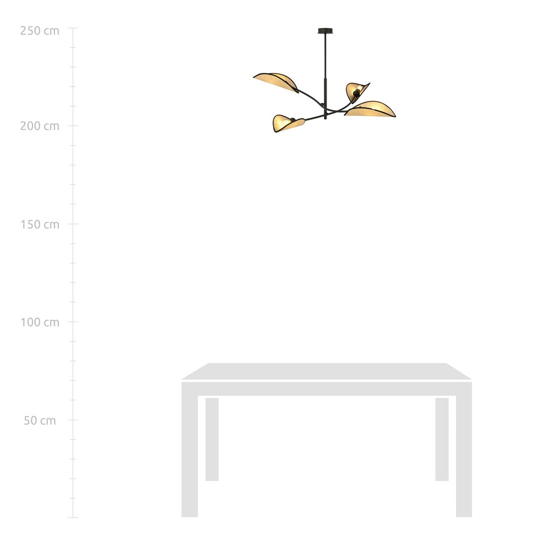 Schéma de dimensions : suspension positionnée au-dessus d'une table, avec repères de hauteur en centimètres.