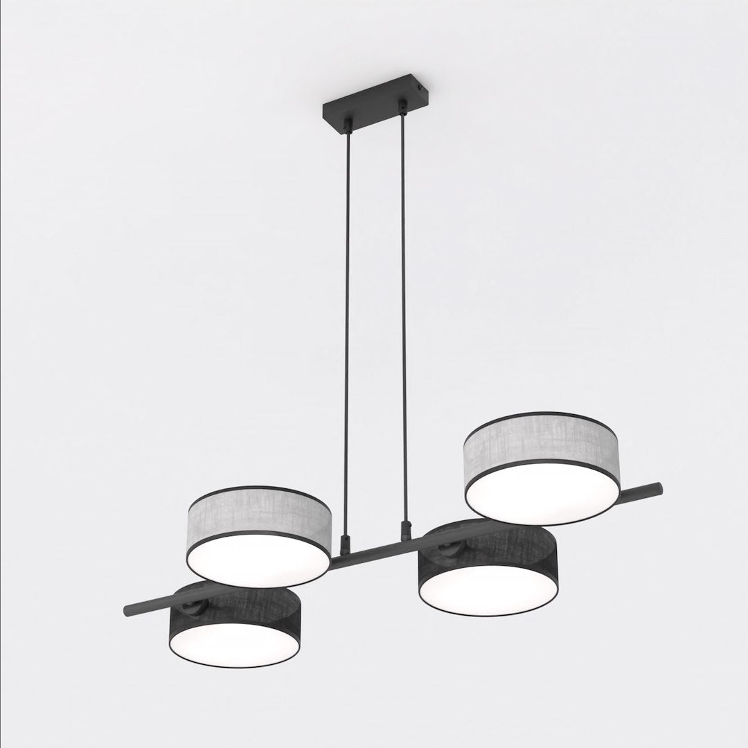 Vue de trois quarts montrant l alternance des abat-jours gris clair et anthracite texturés.