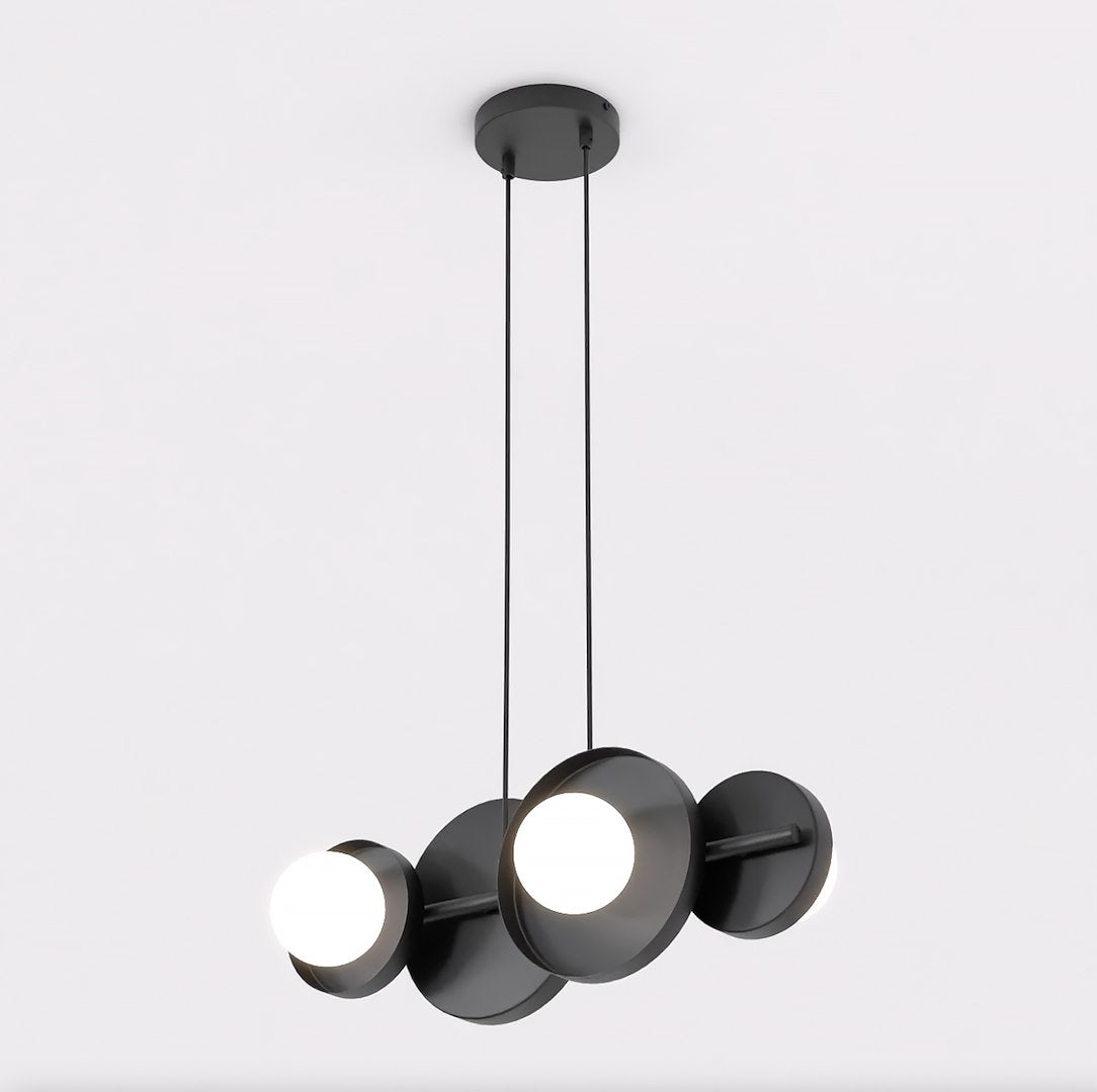 Vue plongeante du luminaire noir dévoilant disques et diffuseurs blancs allumés