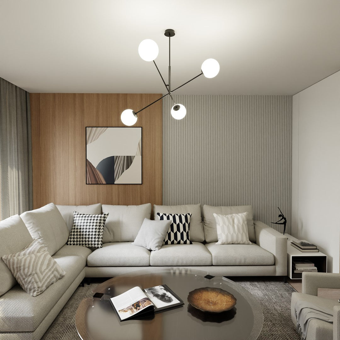Mise en ambiance salon, suspension éclairée au-dessus d'un canapé d'angle