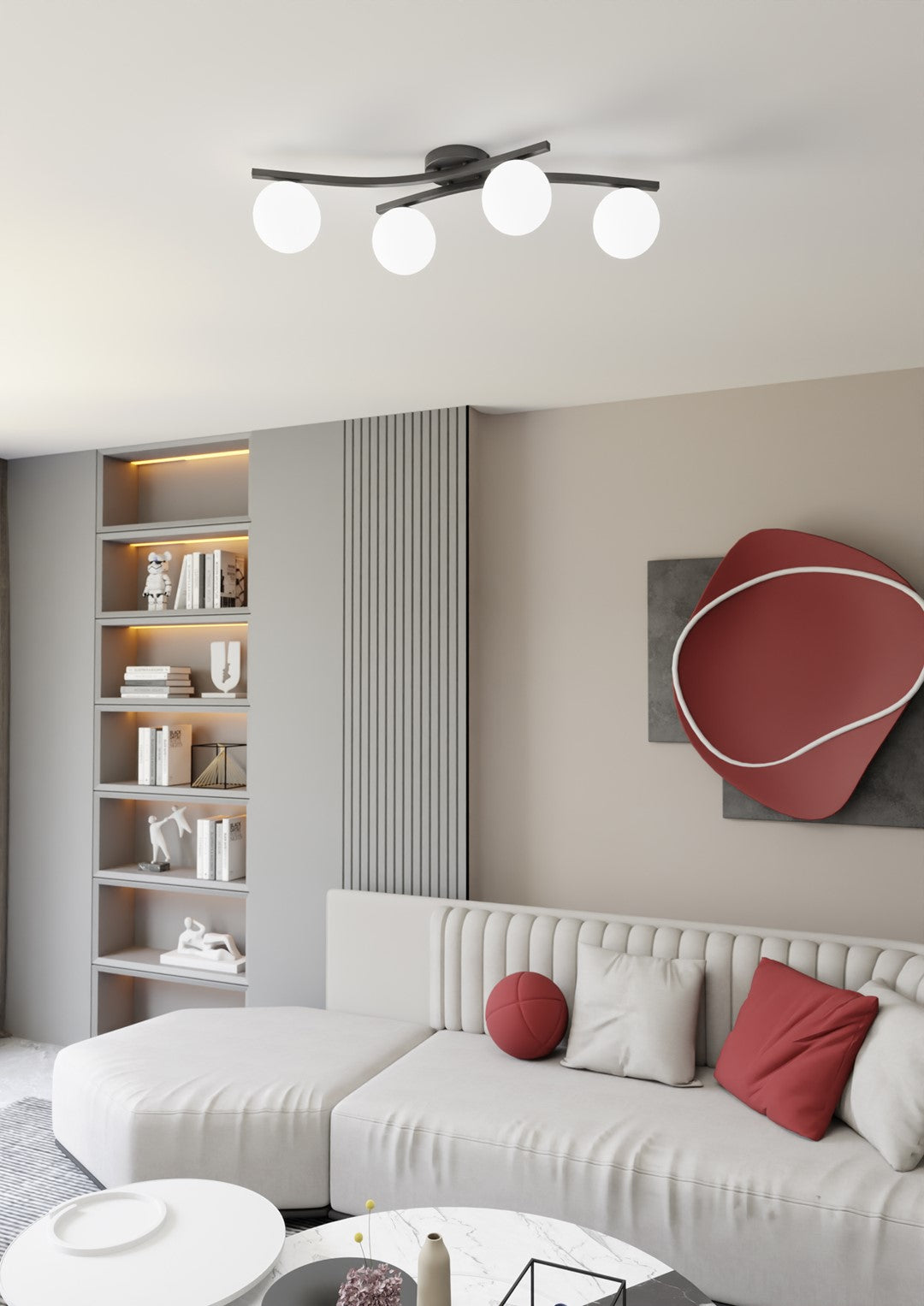Mise en ambiance salon contemporain, plafonnier allumé au-dessus d'un canapé beige.