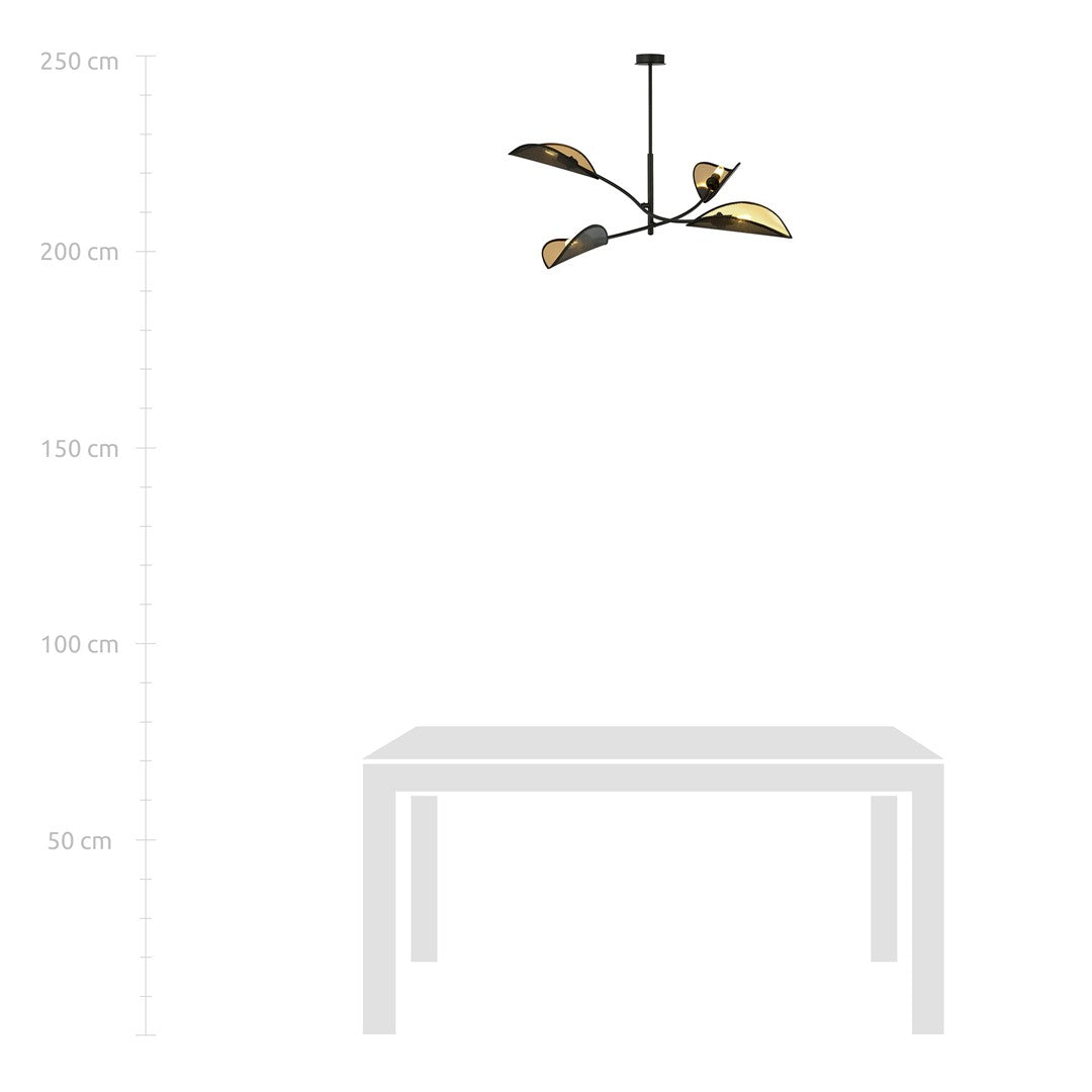 Schéma de dimensions avec échelle de hauteur et table pour situer le plafonnier au-dessus d'un plan.