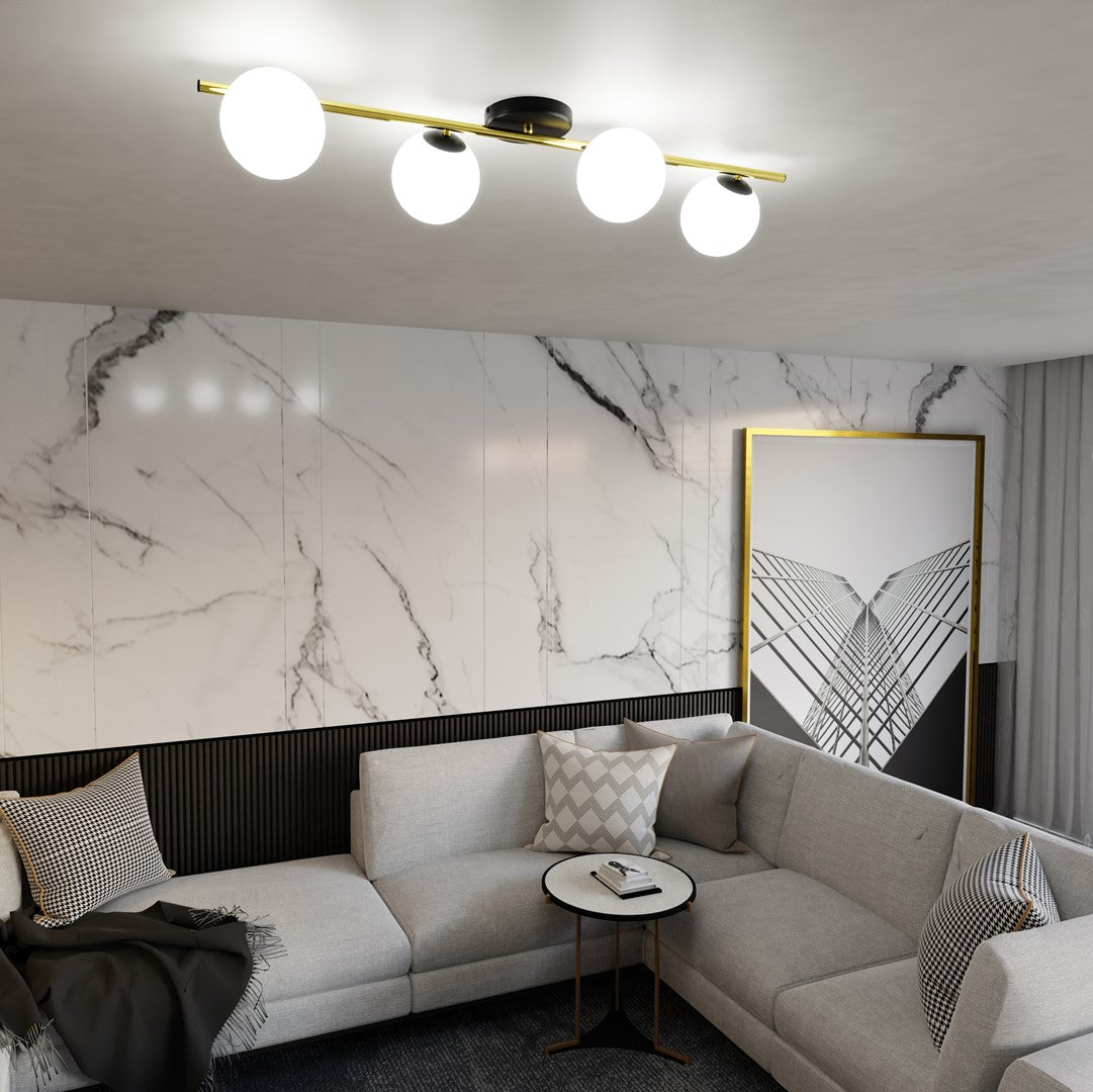 Plafonnier installé au plafond d'un salon contemporain, murs marbre