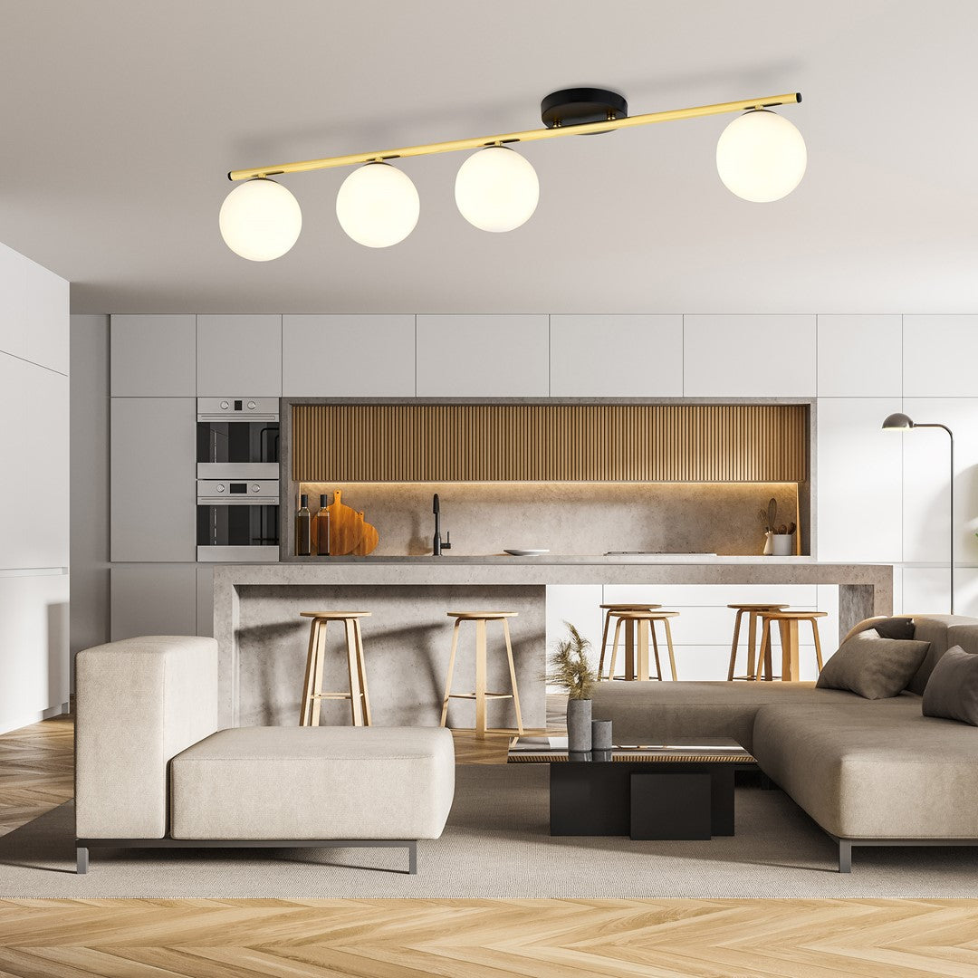 Mise en ambiance cuisine moderne, luminaire fixé au plafond au-dessus d'un îlot central.