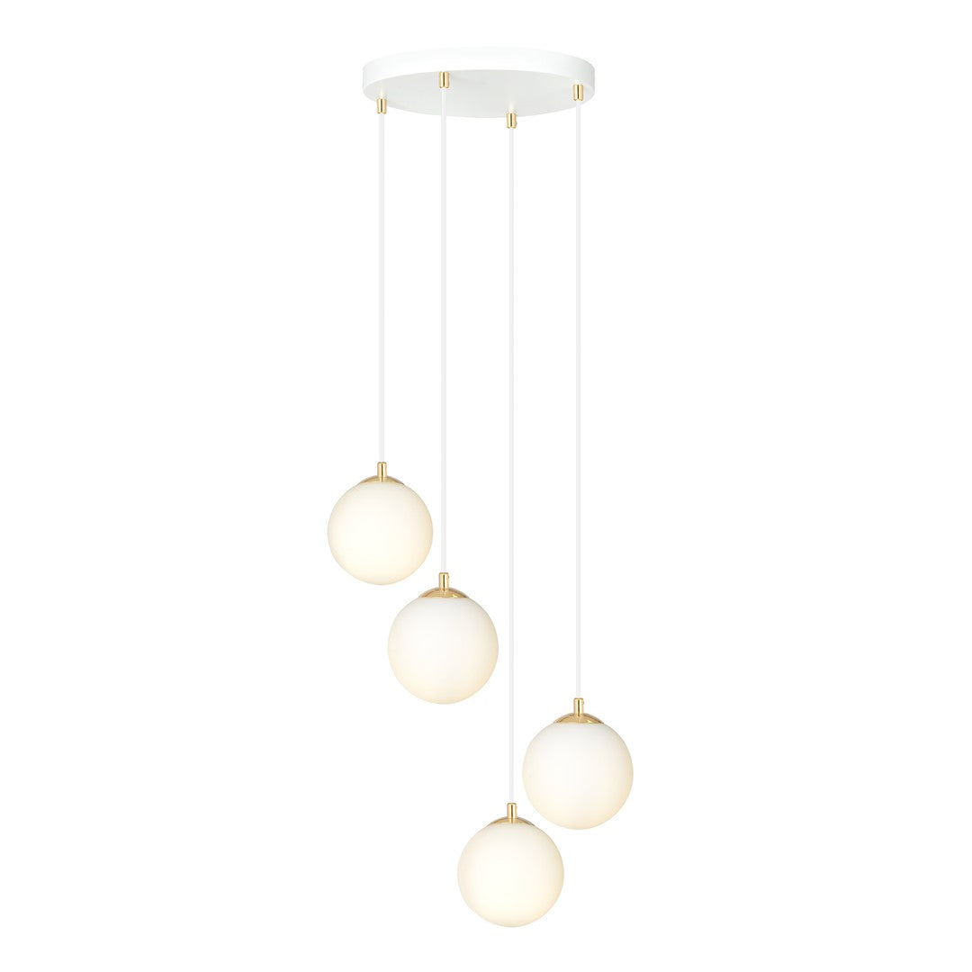 Produit allumé de face, globes lumineux et détails dorés fixés sous le plateau blanc