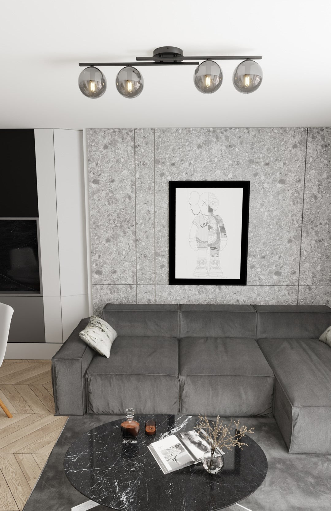 Plafonnier installé au plafond dans un salon gris avec canapé et tableau.