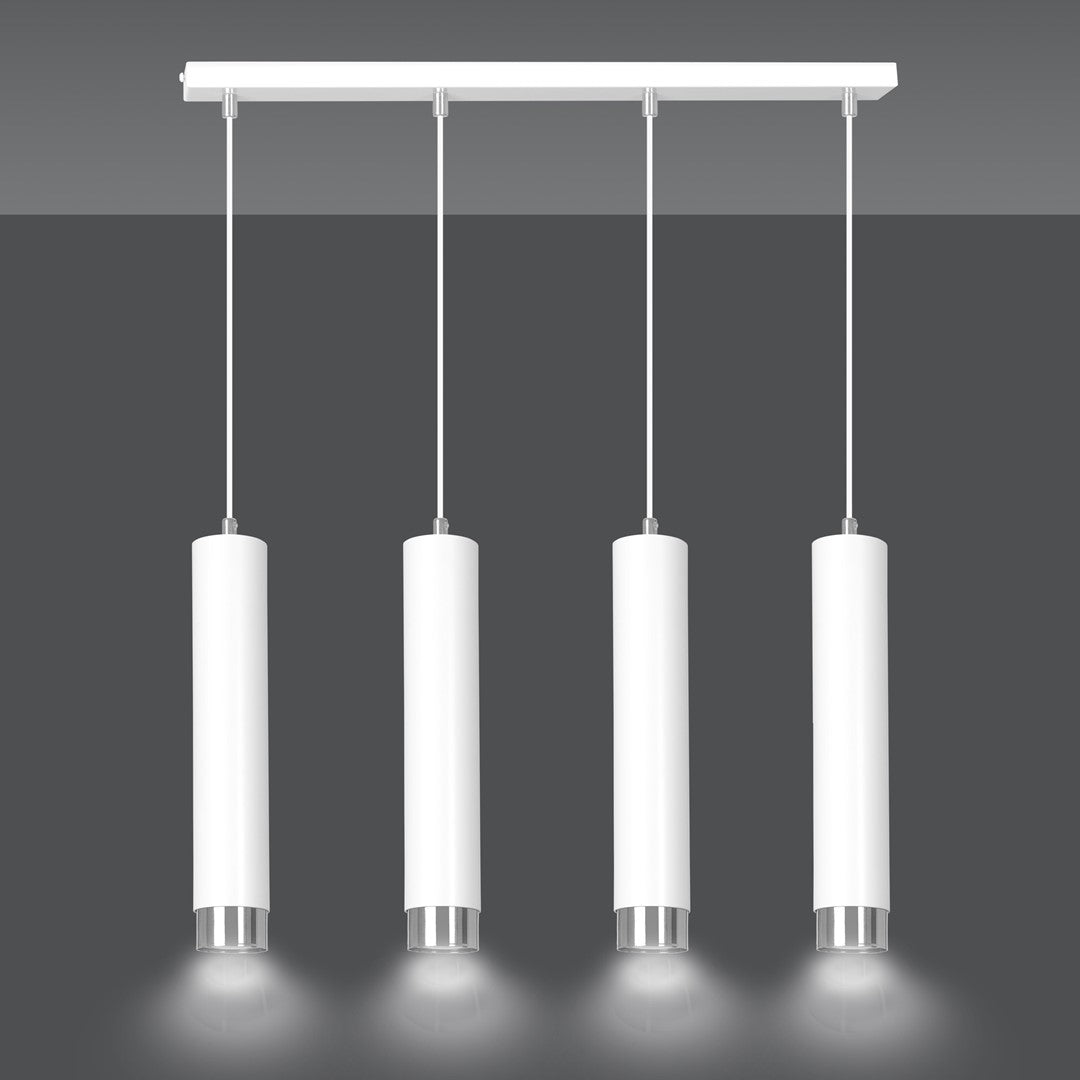 Luminaire allumé, quatre faisceaux de lumière projetés sous chaque cylindre