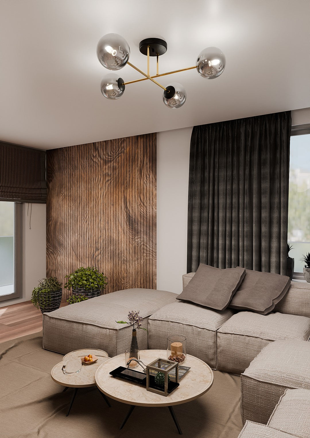 Plafonnier installé au plafond dans un salon moderne avec canapé gris et mur en bois.