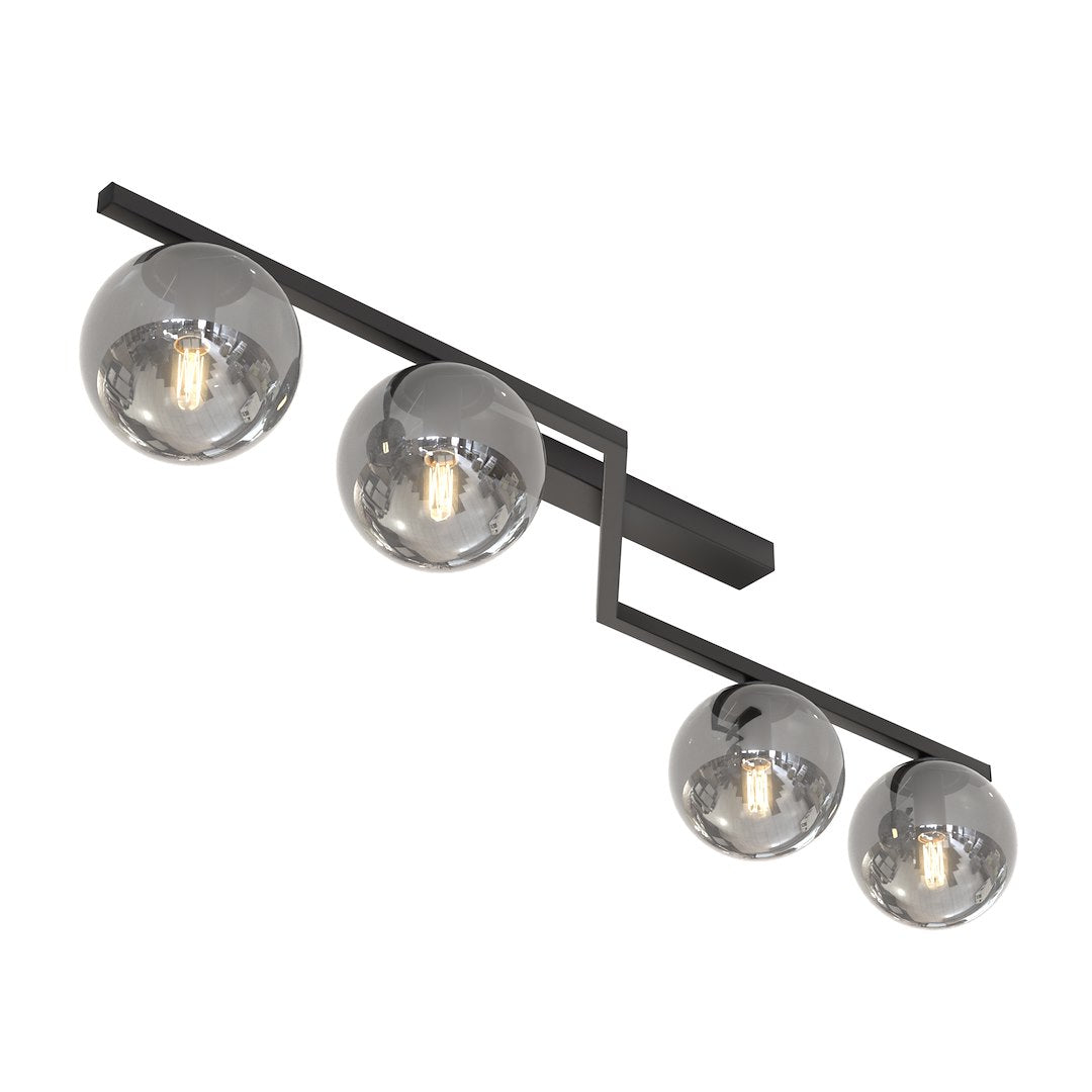 Profil du luminaire montrant la barre centrale et les quatre globes vitrés.