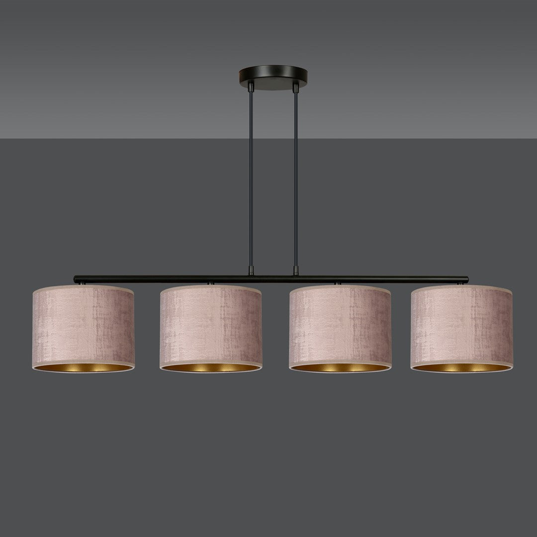 Luminaire complet présenté sur fond gris anthracite uni, structure noire et tissus roses