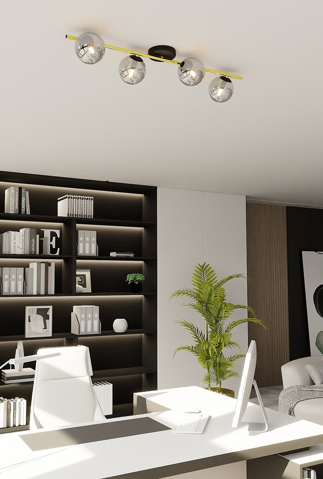 Mise en ambiance dans un bureau, plafonnier allumé au-dessus d'une bibliothèque noire
