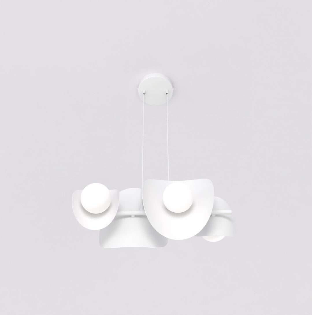 Suspension quatre lumières blanche présentée de profil avec disques superposés
