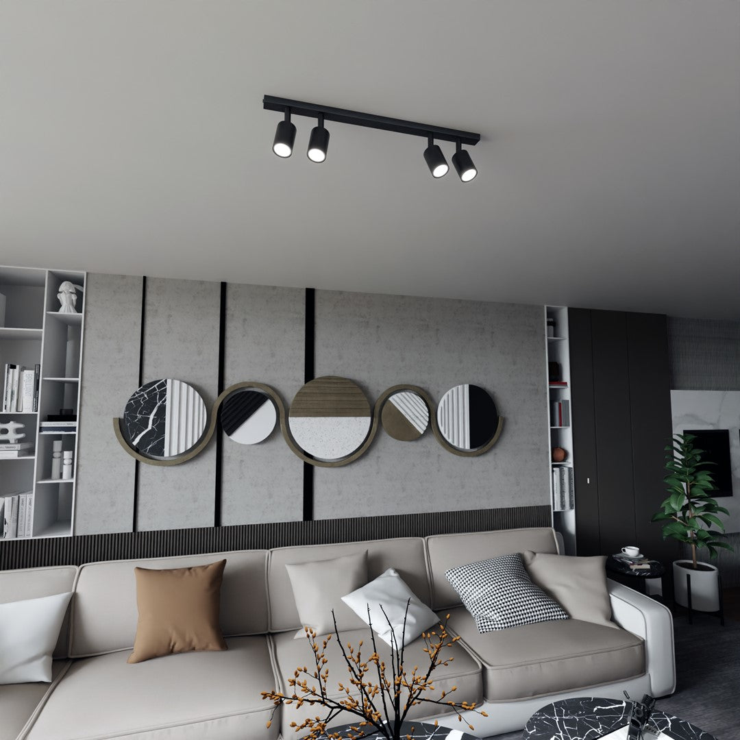 Mise en ambiance dans un salon contemporain, plafonnier fixé au plafond blanc
