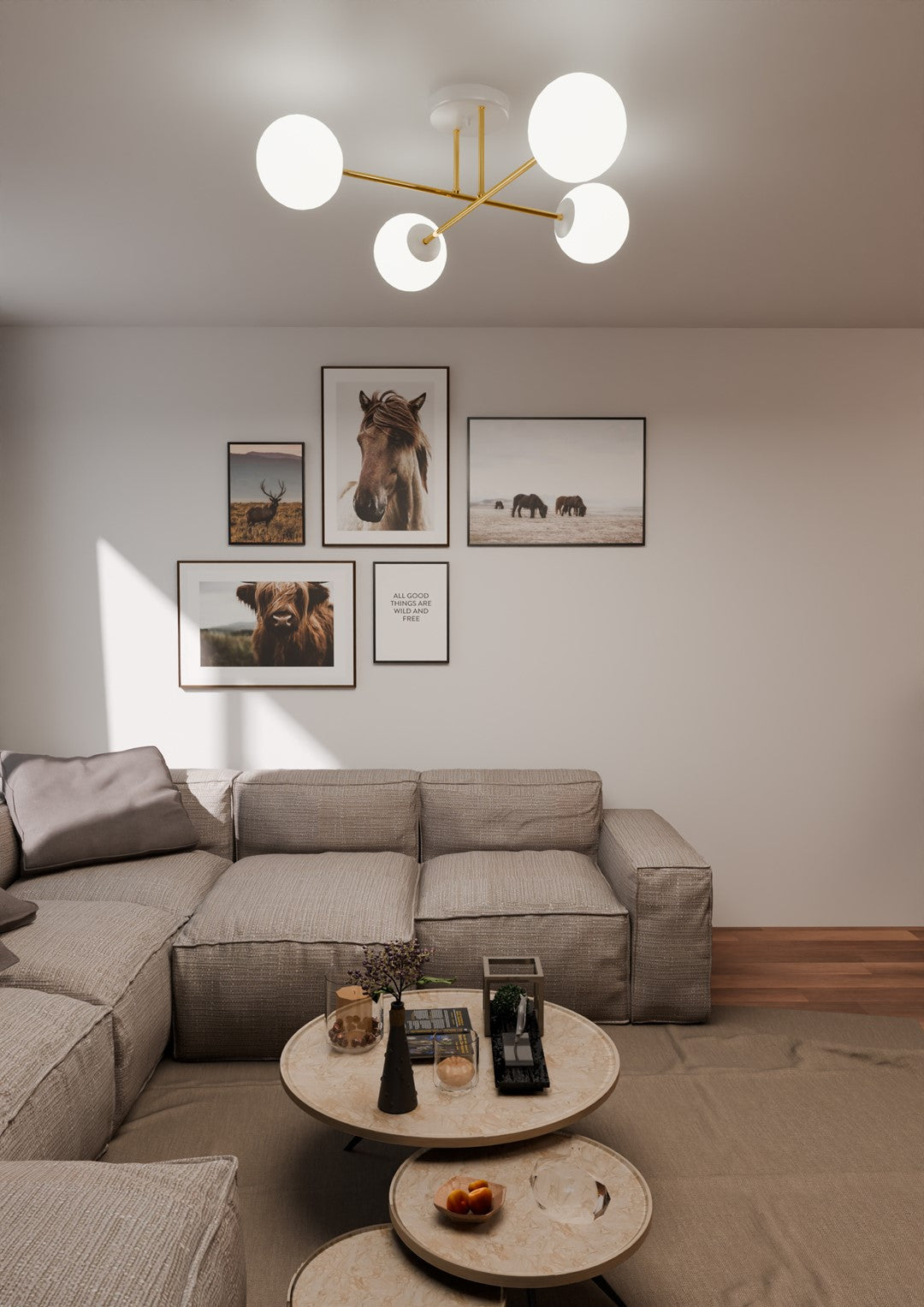 Plafonnier éclairé installé au plafond d'un séjour contemporain avec canapé