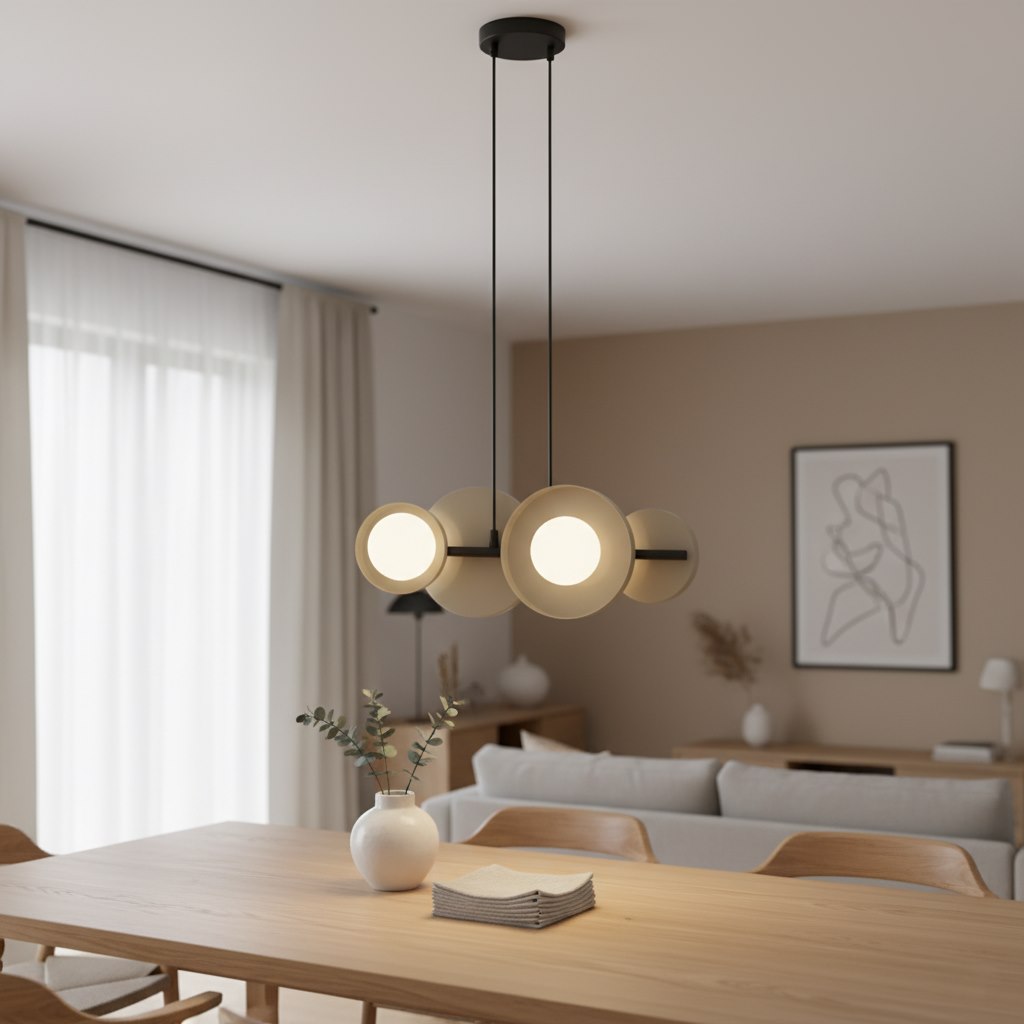 Mise en ambiance au-dessus d'une table à manger en bois clair, intérieur beige
