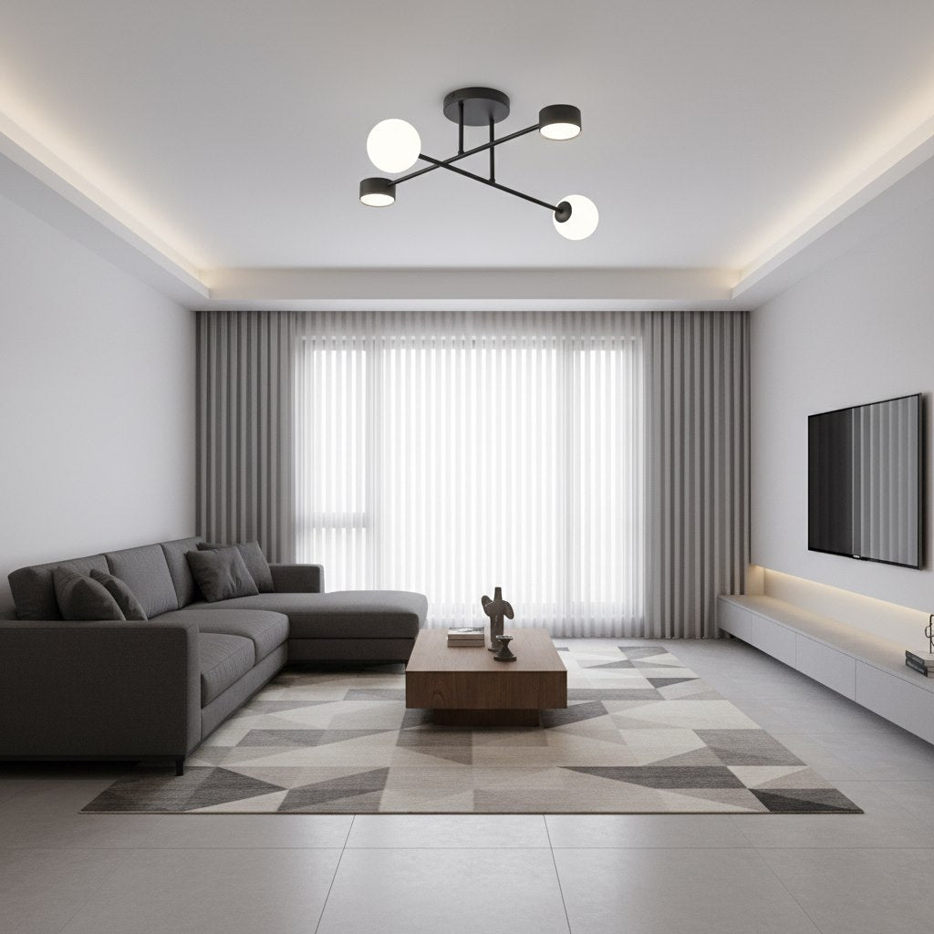 Mise en ambiance dans un salon contemporain gris avec canapé et grande baie vitrée