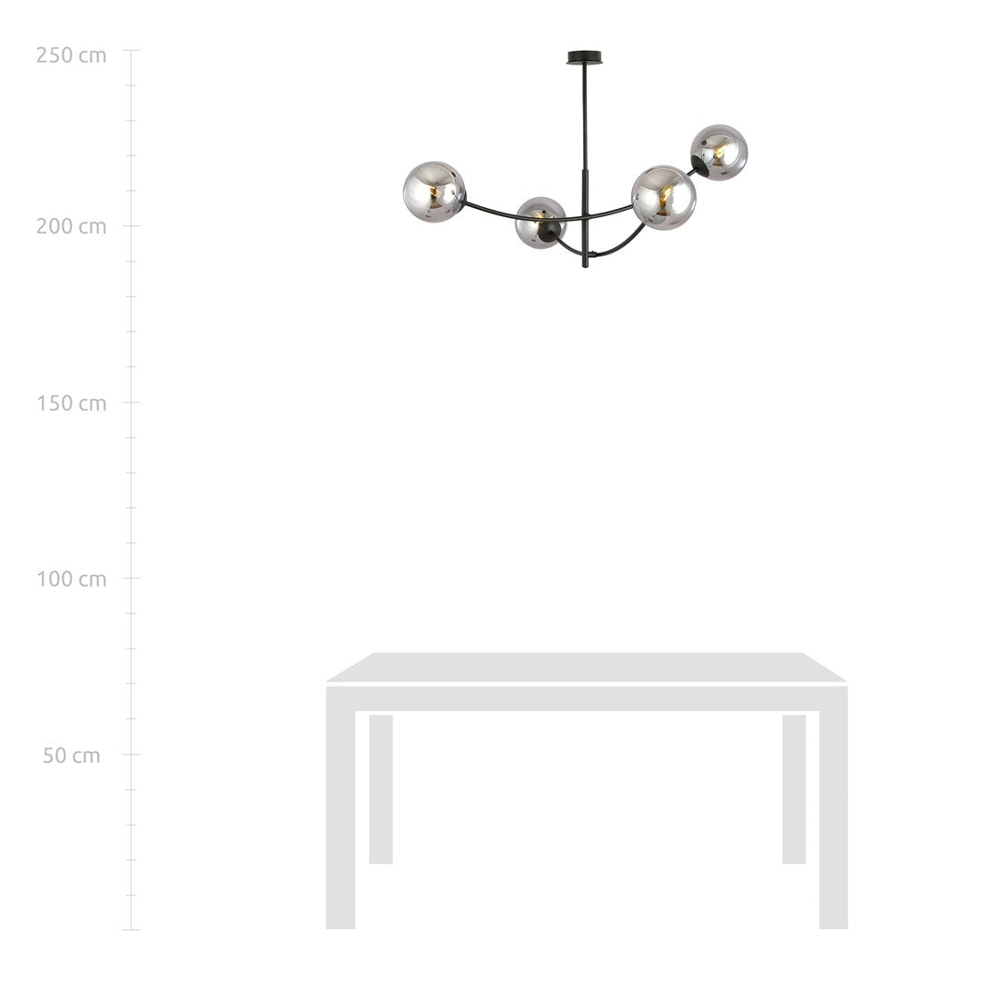 Schéma de dimensions avec échelle de hauteur et silhouette de table sous le luminaire.