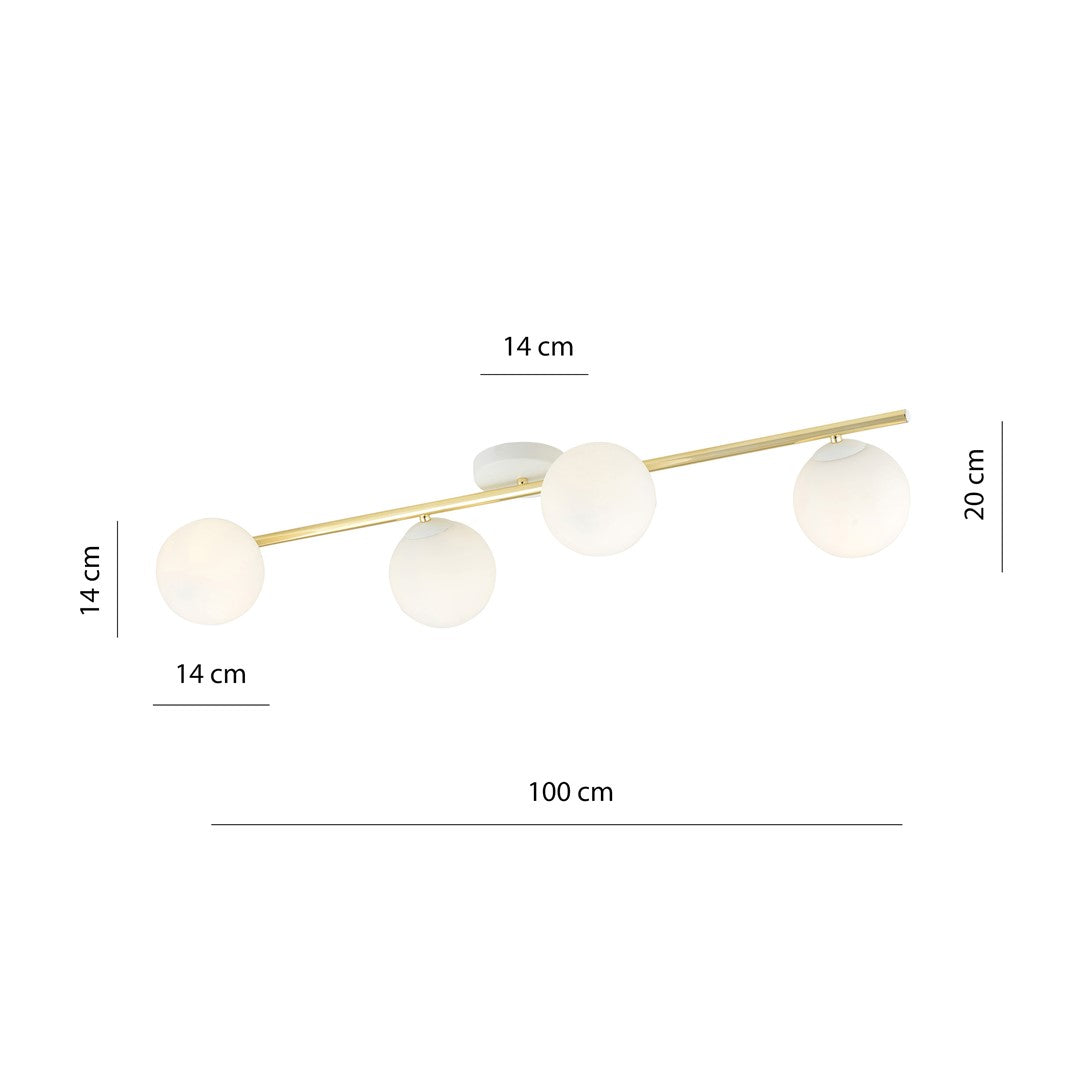 Schéma de dimensions du luminaire : longueur 100 cm, hauteur 20 cm, globes 14 cm.