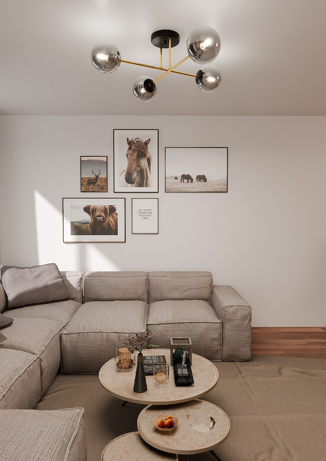 Luminaire au plafond au-dessus d'un salon avec canapé beige et cadres animaliers.
