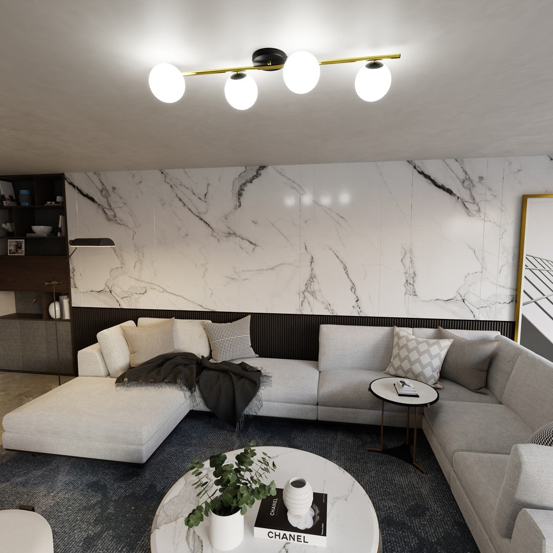 Mise en ambiance large du salon, plafonnier allumé au-dessus du canapé