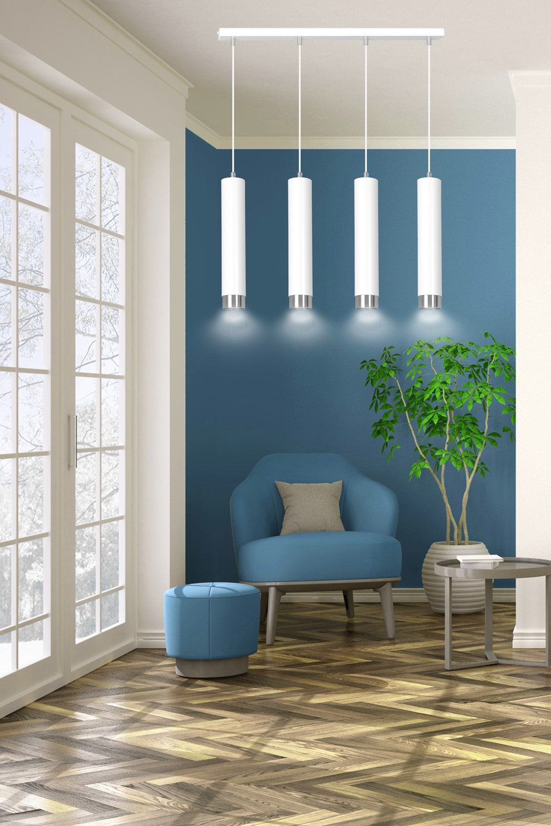 Mise en ambiance salon, suspension au-dessus d'un fauteuil bleu et parquet