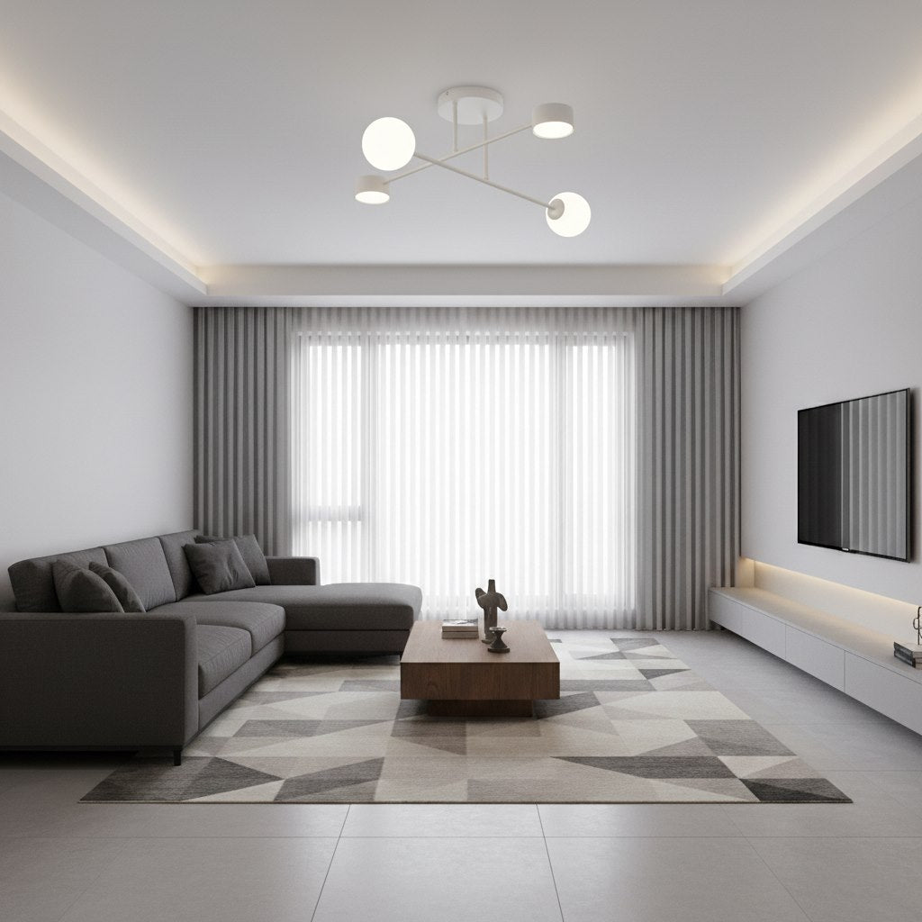 Mise en ambiance du luminaire allumé dans un salon gris contemporain