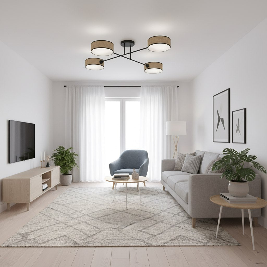 Mise en ambiance dans un salon clair, plafonnier allumé au-dessus du canapé gris.
