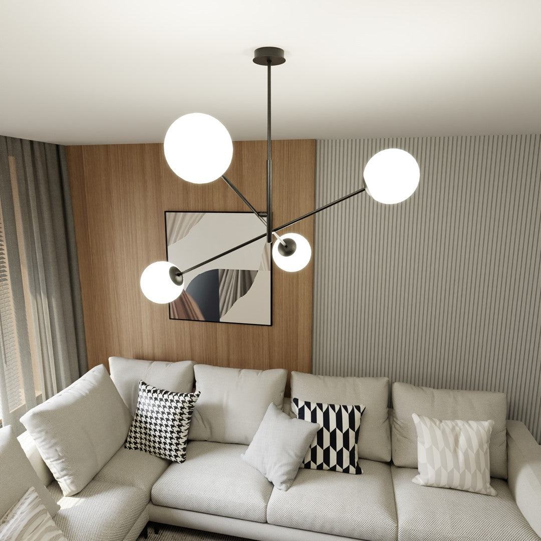 Vue rapprochée en intérieur, bras noirs orientables et globes lumineux allumés