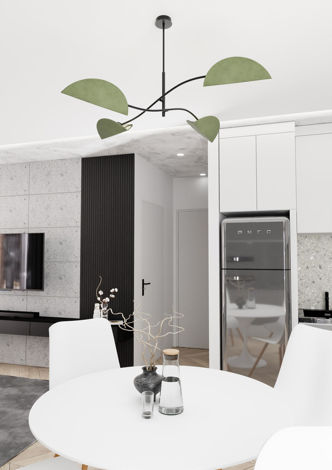 Vue en contre-plongée du luminaire au-dessus d'une table dressée, intérieur moderne clair.