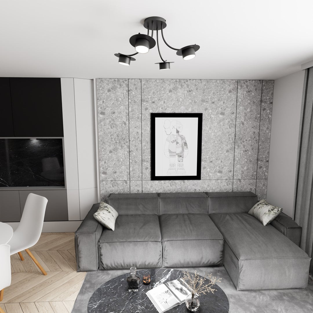Vue en situation dans un salon gris et blanc, luminaire fixé au plafond