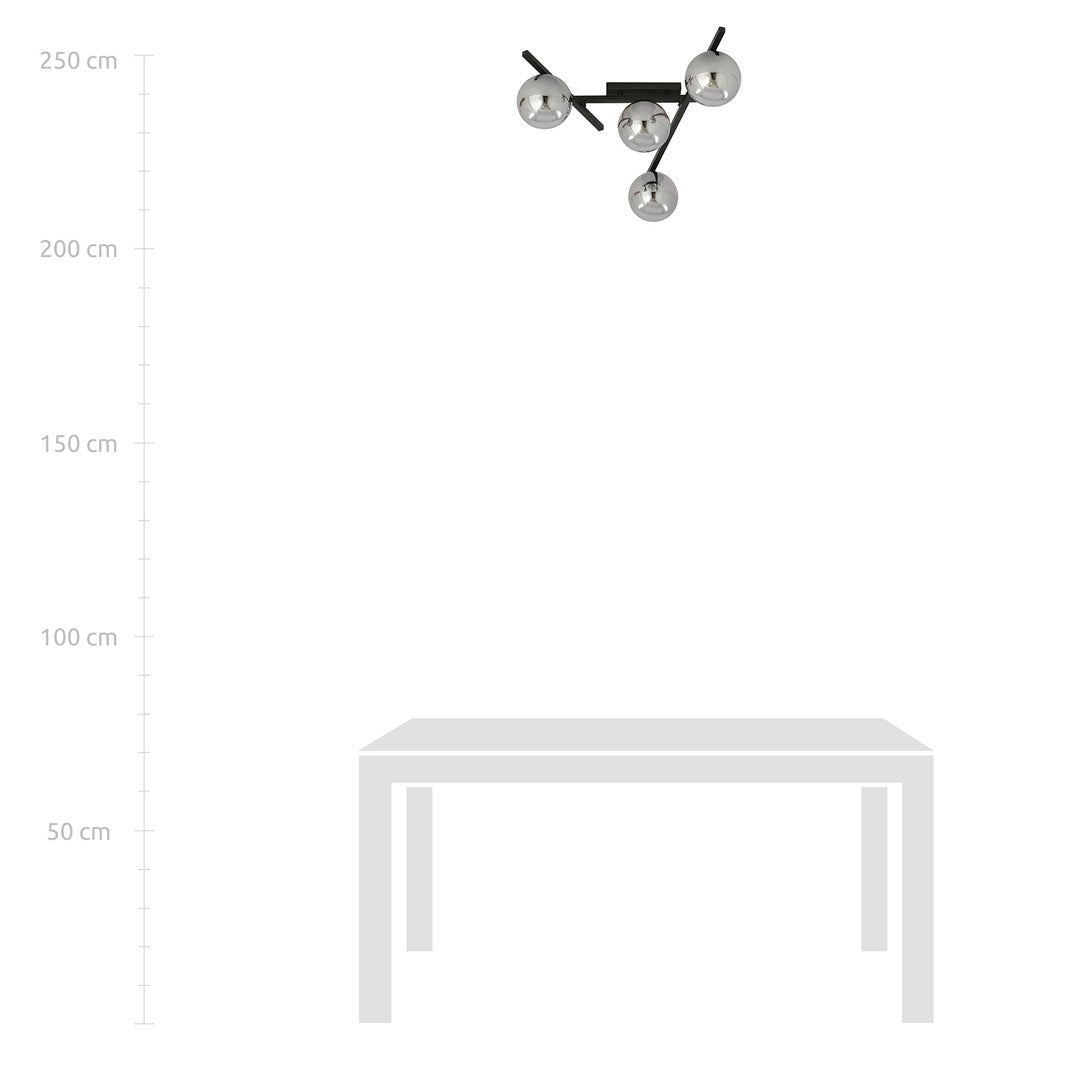 Mise en situation du plafonnier au-dessus d'une table avec repères de hauteur