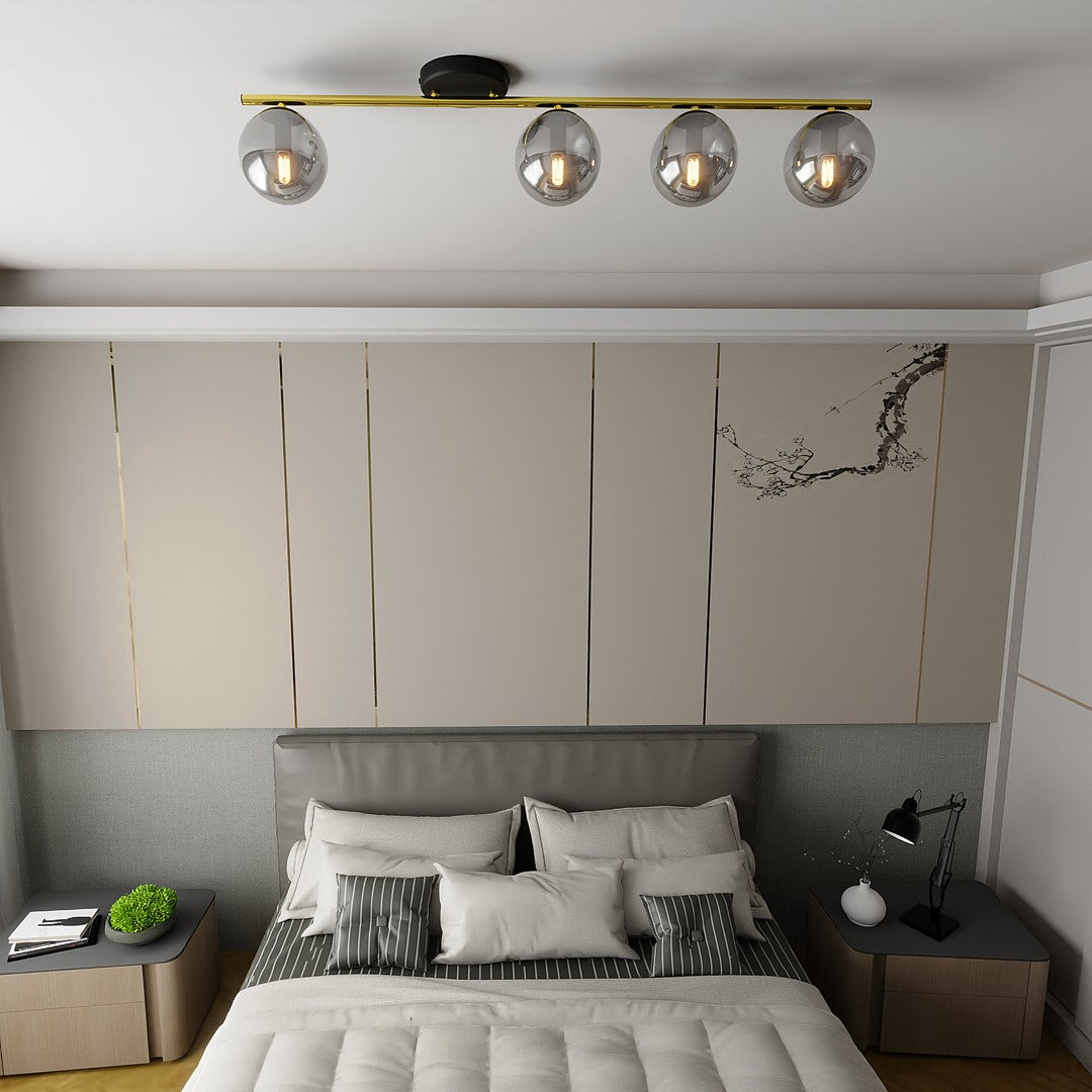 Plafonnier allumé au plafond d'une chambre à coucher moderne.