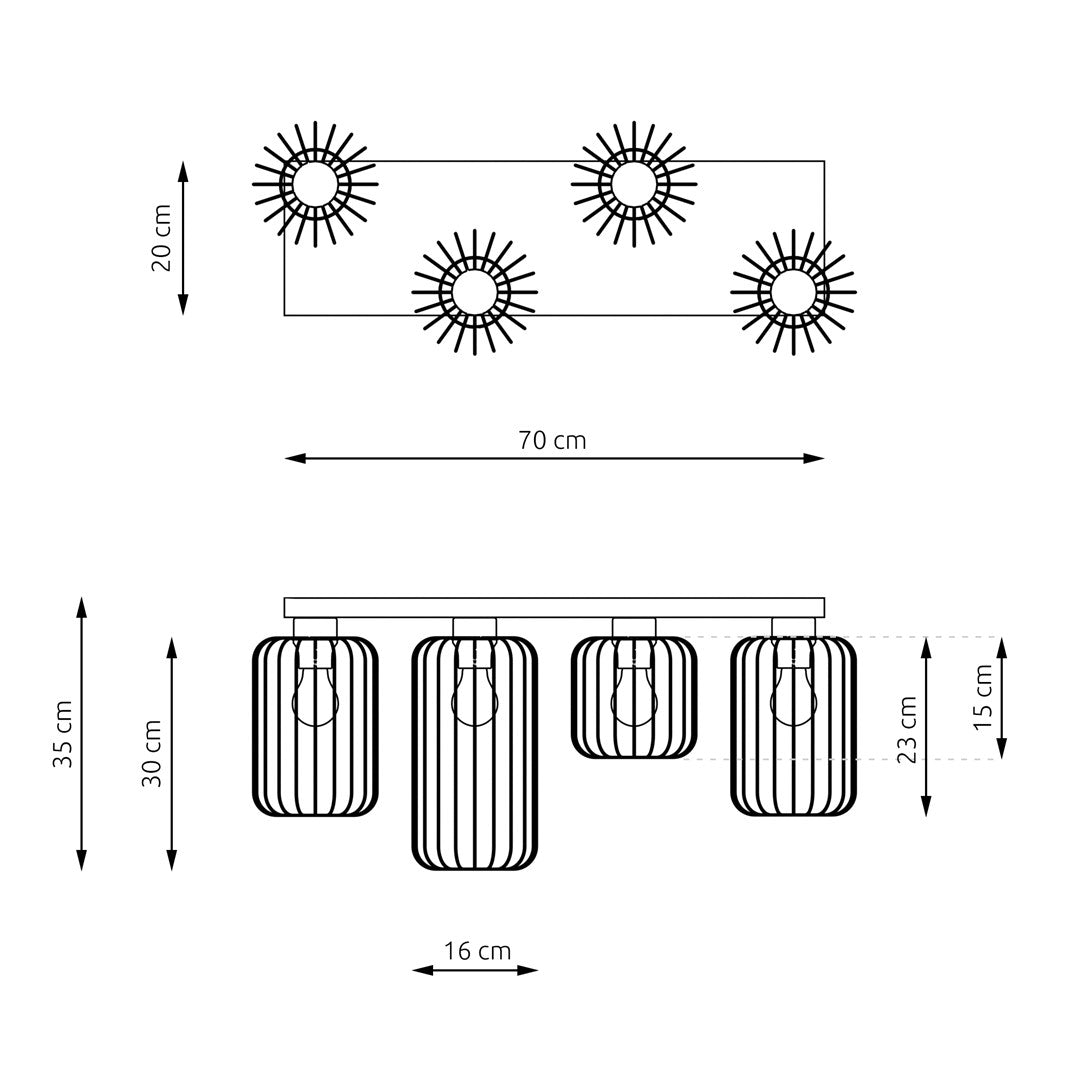 Schéma technique coté : largeur 70 cm, hauteur 35 cm, cages de 15 à 30 cm.