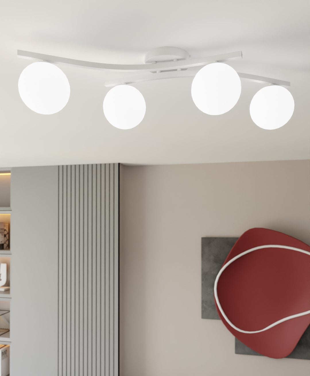 Gros plan des quatre globes lumineux allumés vus depuis le bas