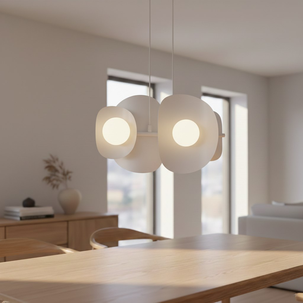 Suspension blanche allumée au-dessus d'une table à manger en bois clair