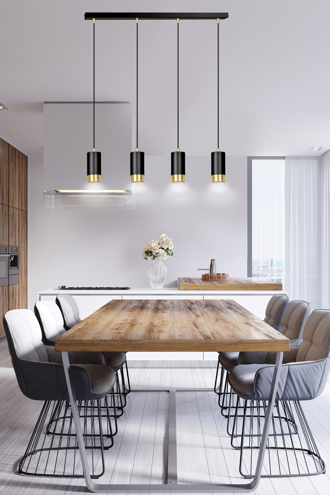 Mise en ambiance au-dessus d'une table en bois dans une cuisine moderne