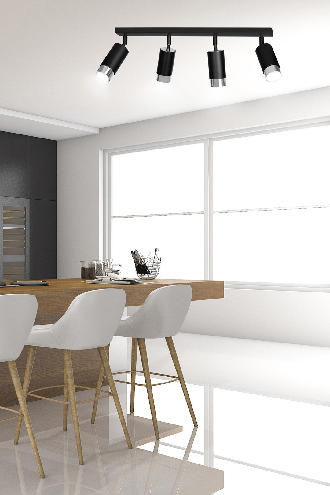 Mise en ambiance cuisine moderne, luminaire fixé au plafond au-dessus plan repas